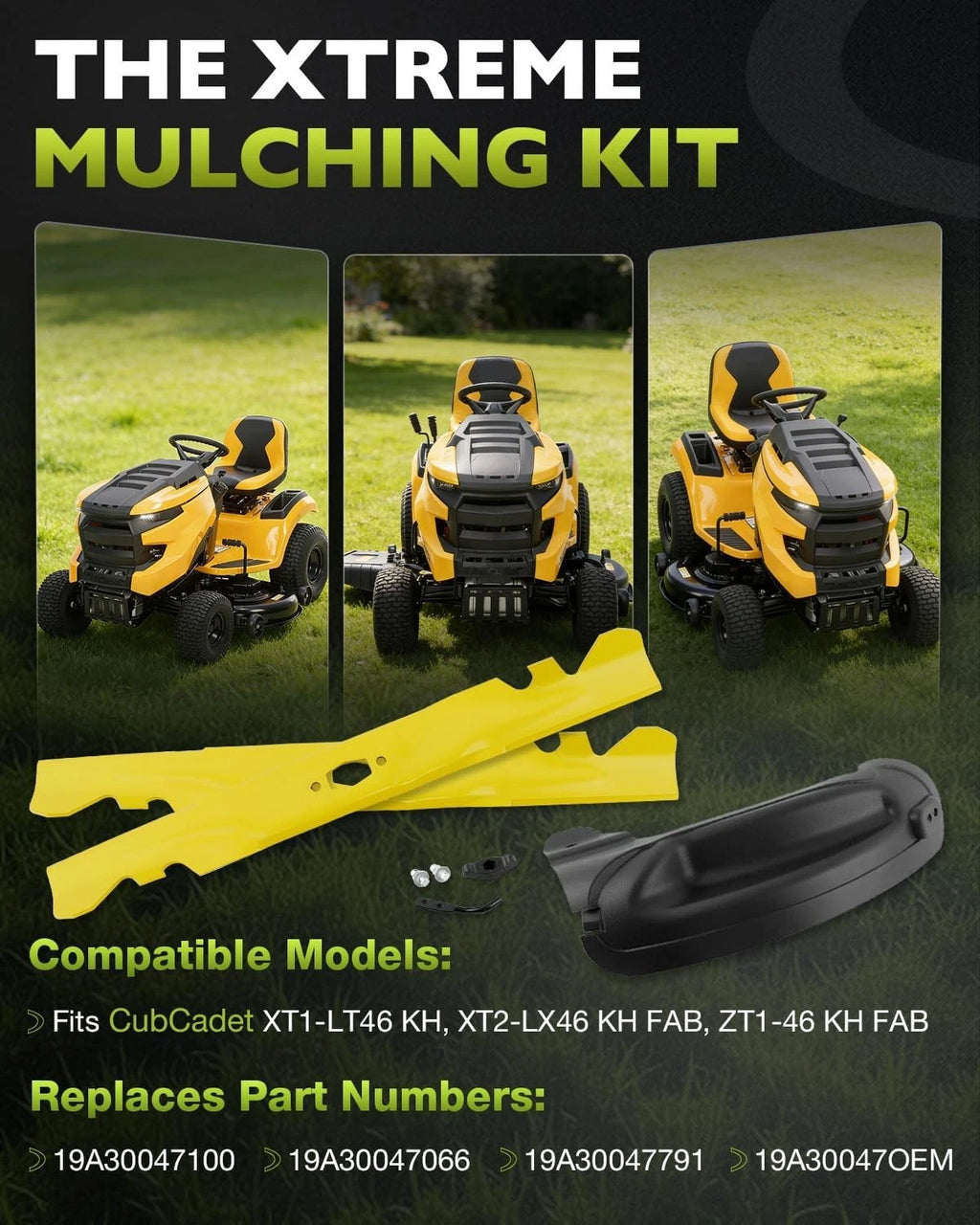 Set of 2 Mower Blades & Deck Mulch Plate Cover Plug for Cub Cadet (490-110-C203, 631-05195A)