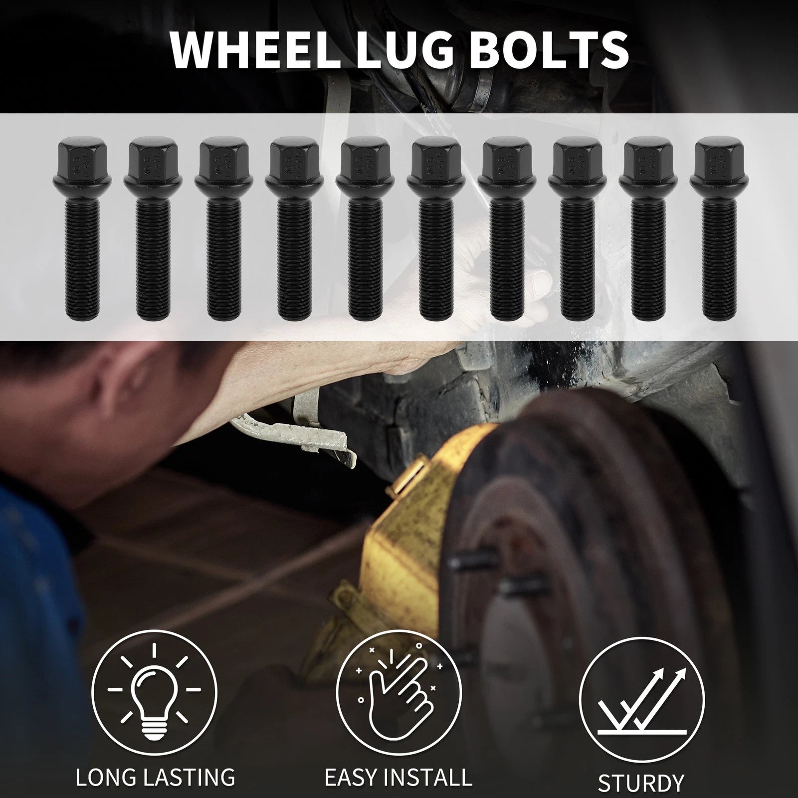 10 Pcs M14x1.5mm Ball Seat Wheel Lug Bolt 50mm Shank for Volkswagen Porsche 