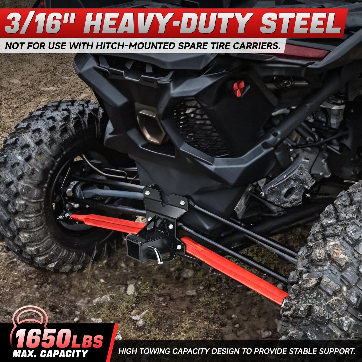 2" Rear Tow Hitch Receiver for Can-Am Maverick (2017–2023) - Black Powdercoat