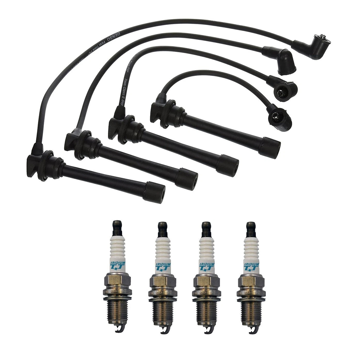 Denso 7mm Wire Set & 4 Iridium TT Spark Plugs for Kia Spectra (2000–2009)