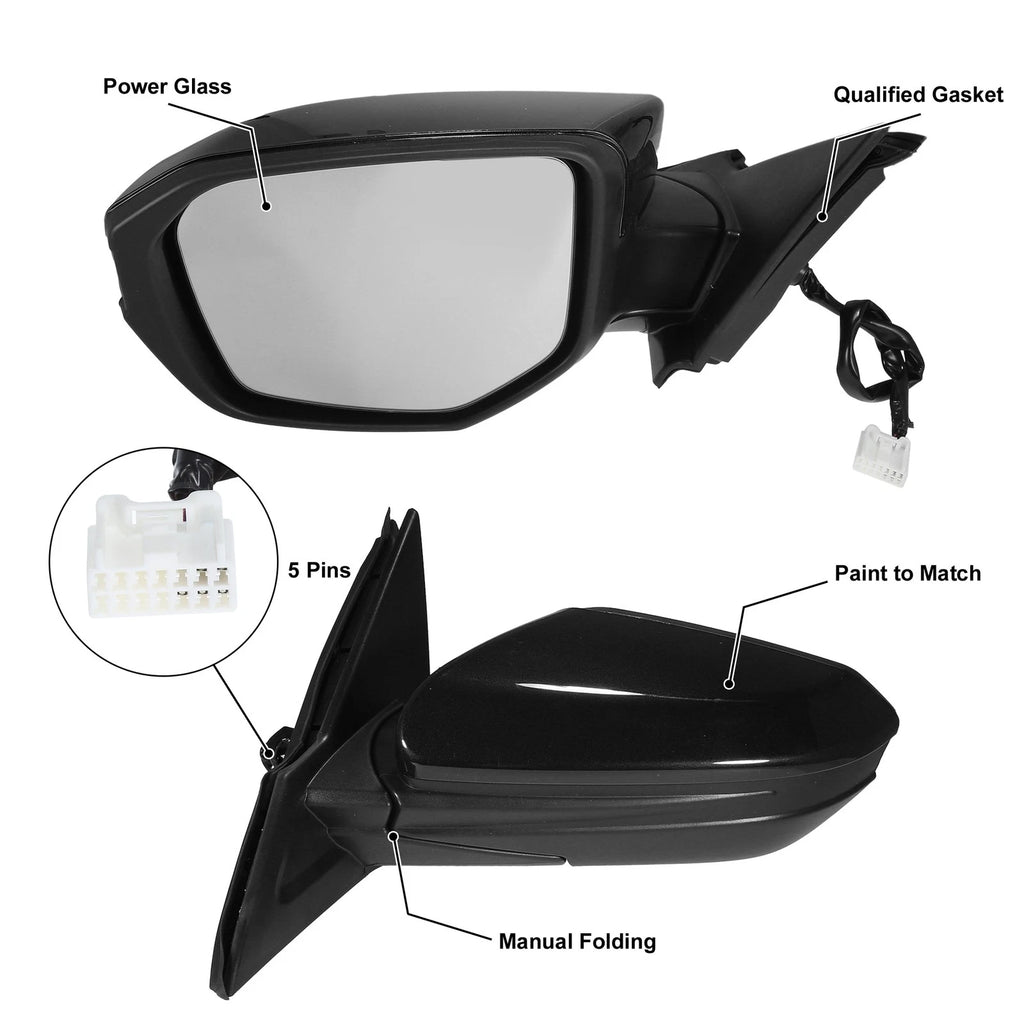5 Pin Left Side Exterior Door Mirror Assembly Black for Honda Civic (2016–2020)