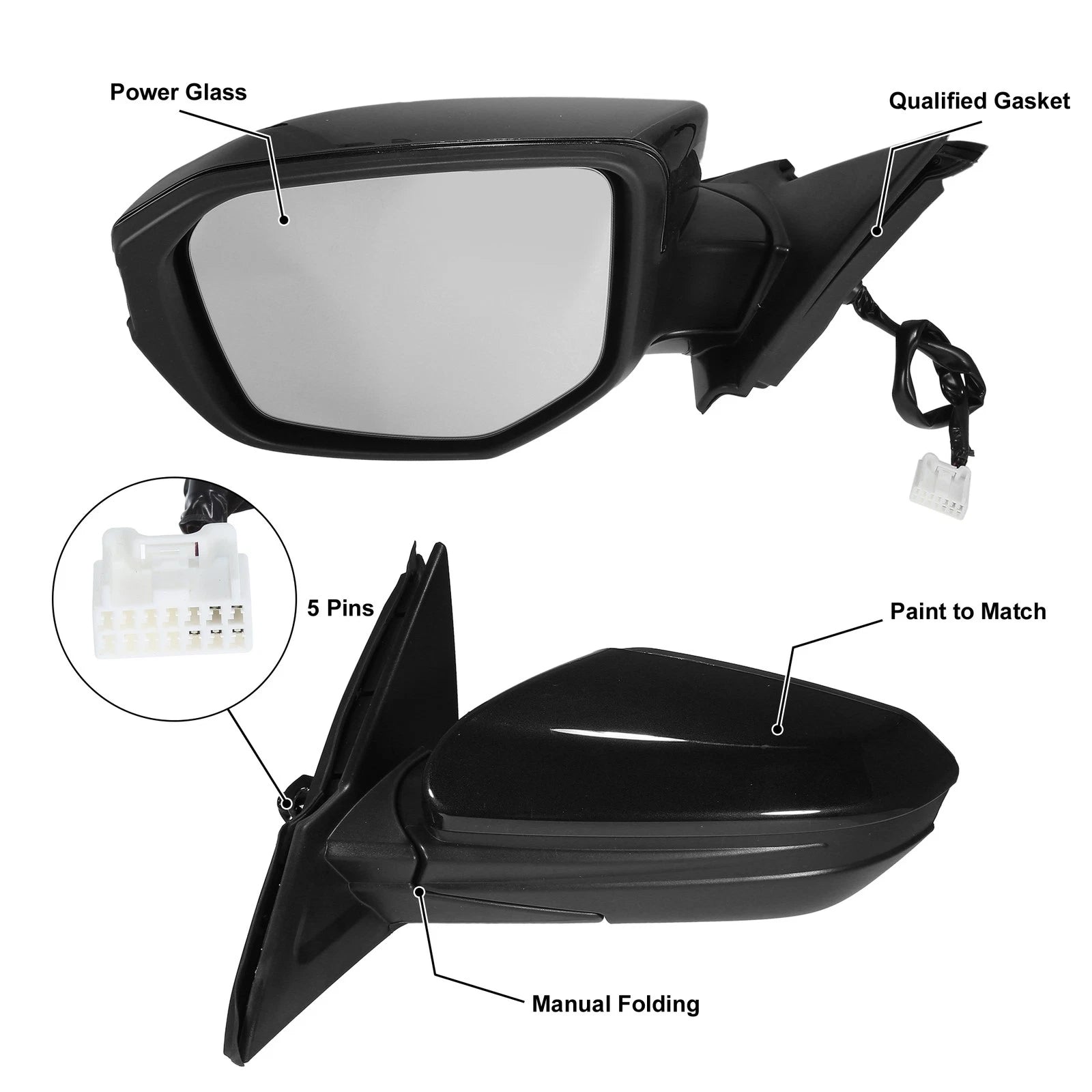 5 Pin Left Side Exterior Door Mirror Assembly Black for Honda Civic (2016–2020)
