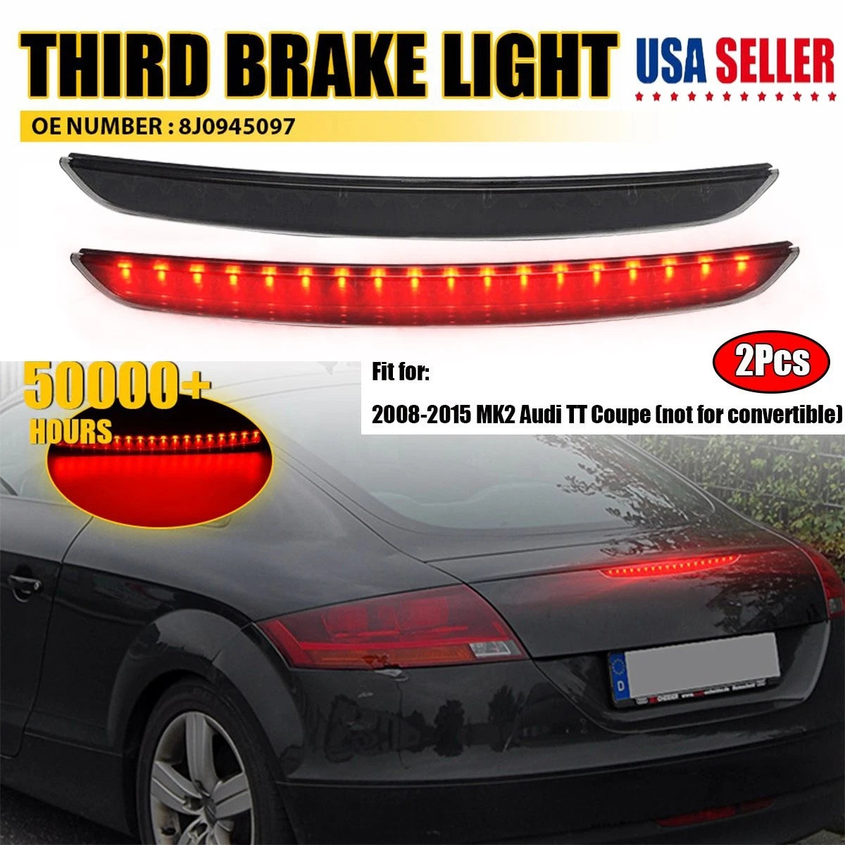 2X Smoke Full LED Trunk Lid Third Brake Light Bar for Audi TT (2008–2015)