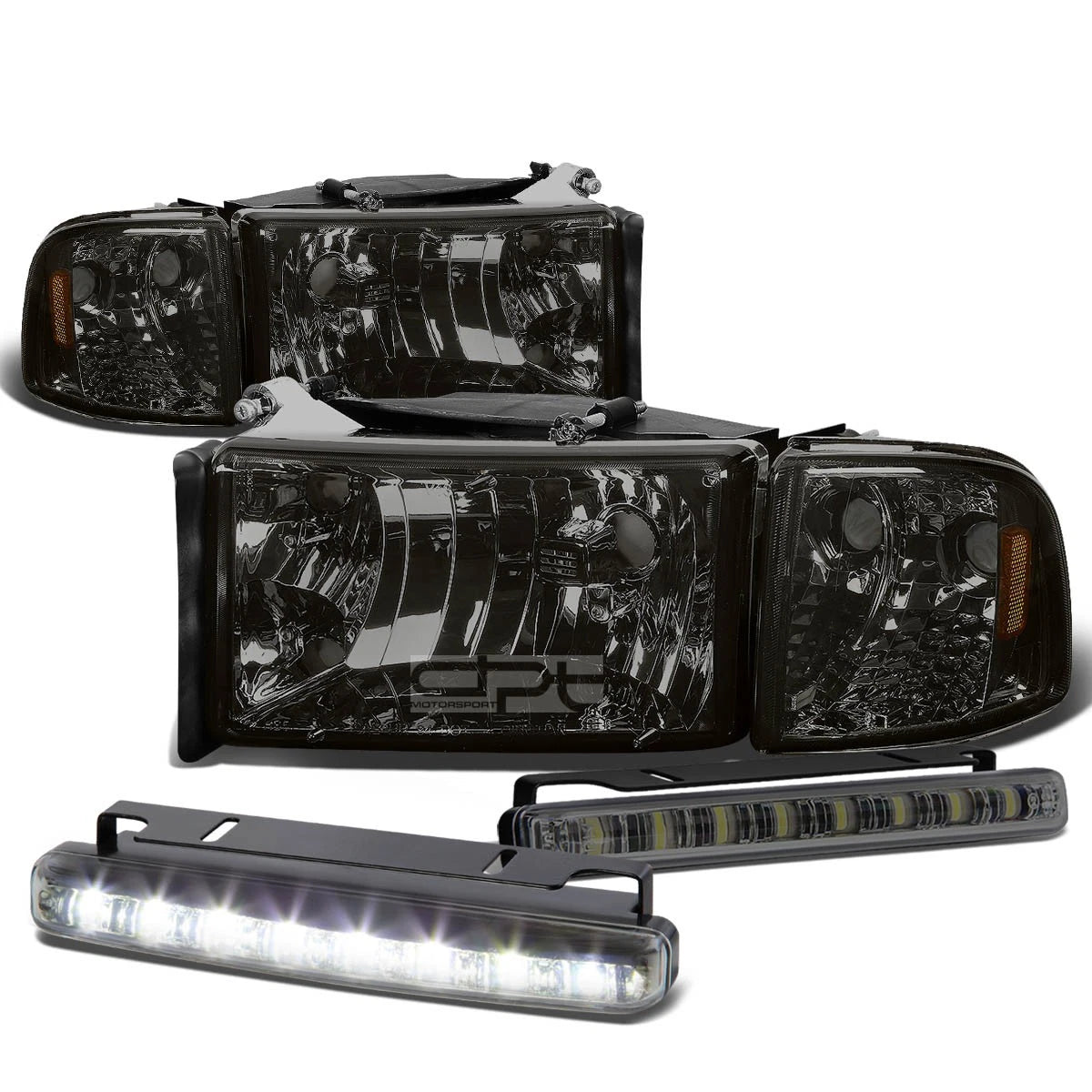 Smoked Headlight + Amber Signal Lamp + LED Fog Light Set for Ram (1994–2002)