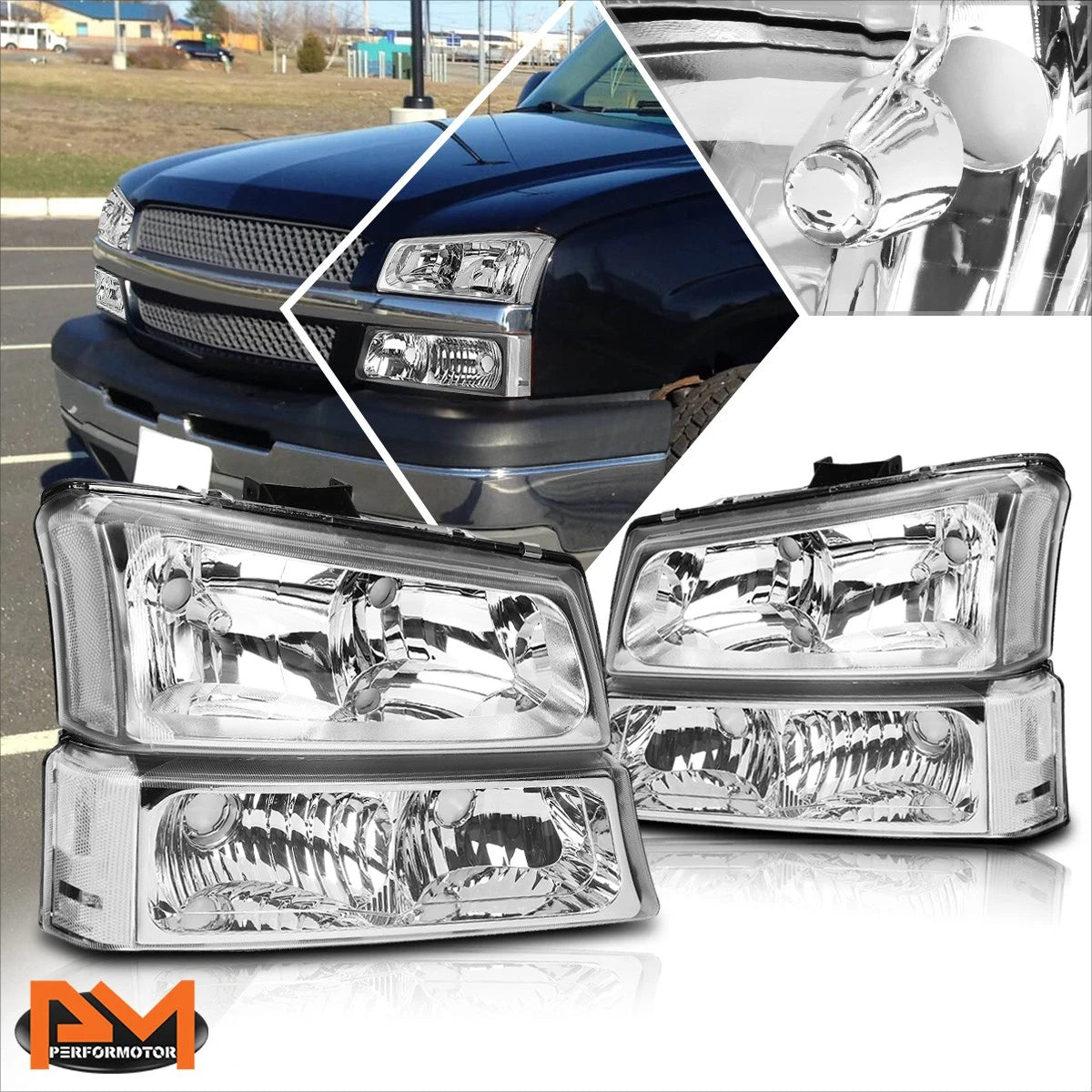 Bumper Headlight Lamps Clear Corner Chrome for Chevy Silverado/Avalanche (2003–2006)