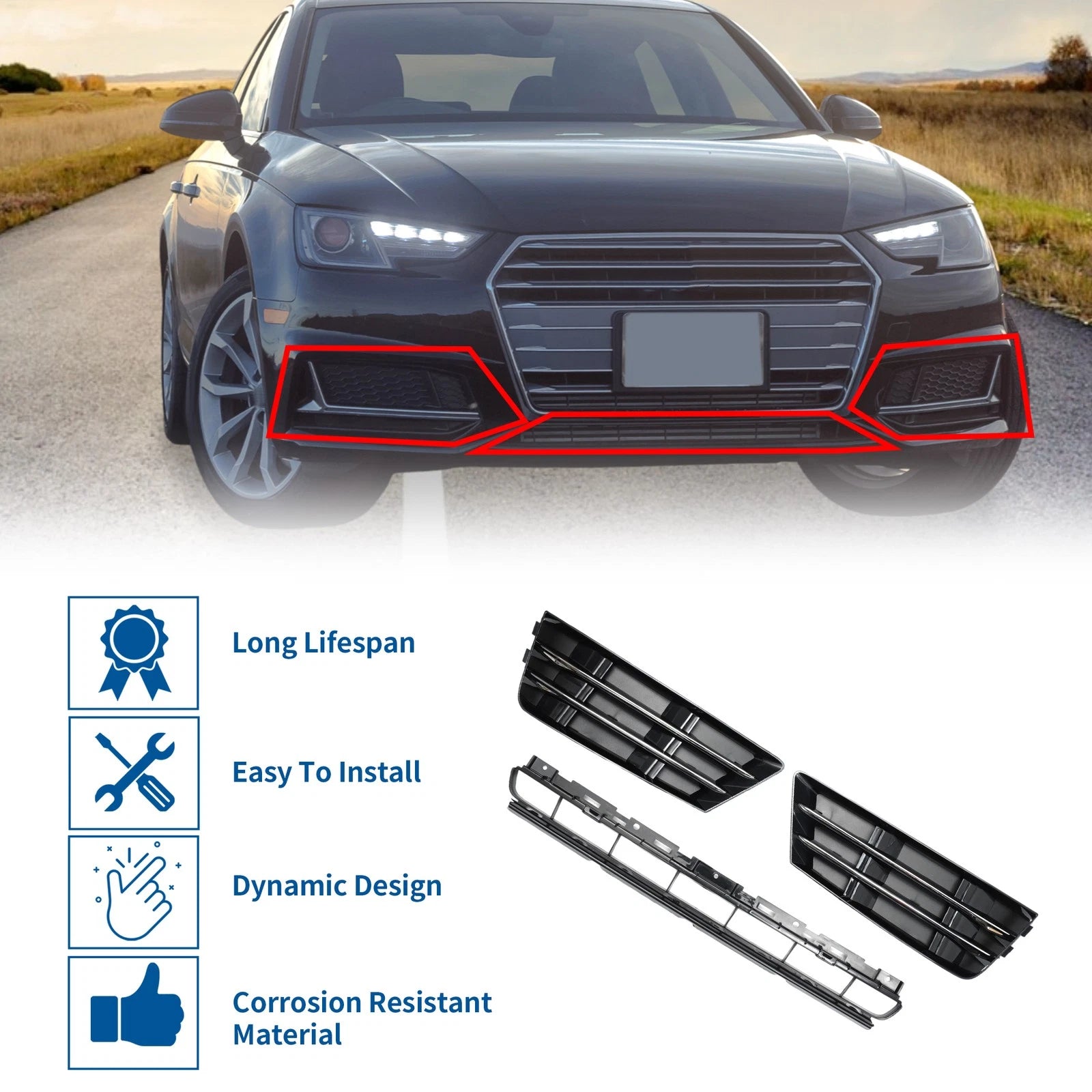 Front Lower Bumper Grille for Audi A4 B9 (2016–2018) Black with Square Hole