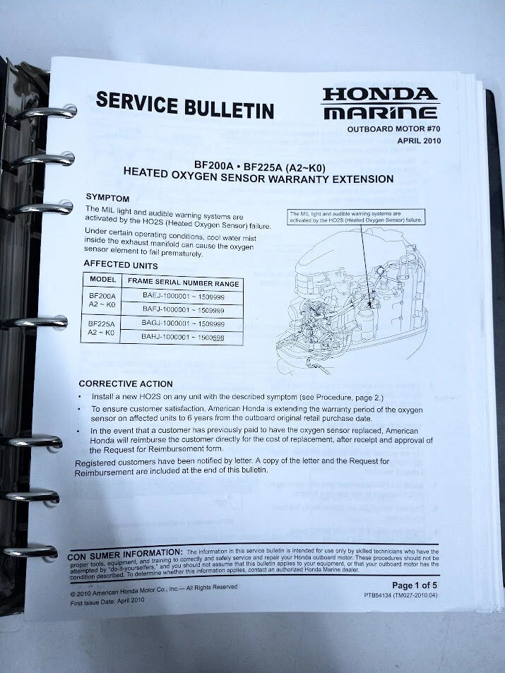 Shop Manual Binder for Honda Marine BF200A - BF225A (PTB54134)
