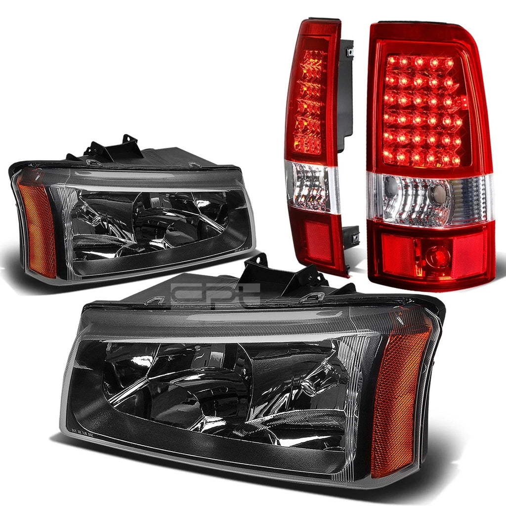 Set of 2 Black Crystal Headlight + Chrome Red LED Tail Light for Silverado (2003–2007)