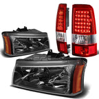 Set of 2 Black Crystal Headlight + Chrome Red LED Tail Light for Silverado (2003–2007)