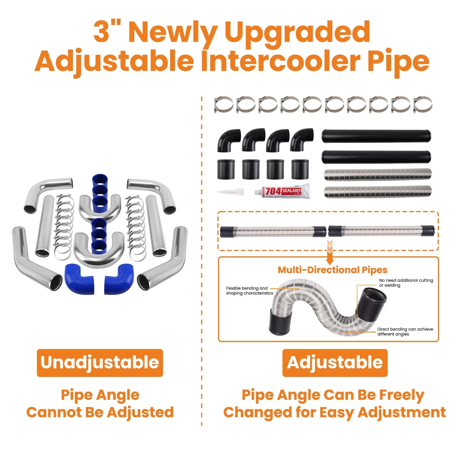 3" Intercooler Pipe Kit for Universal (Flexible Silicone Hoses, T Clamps)