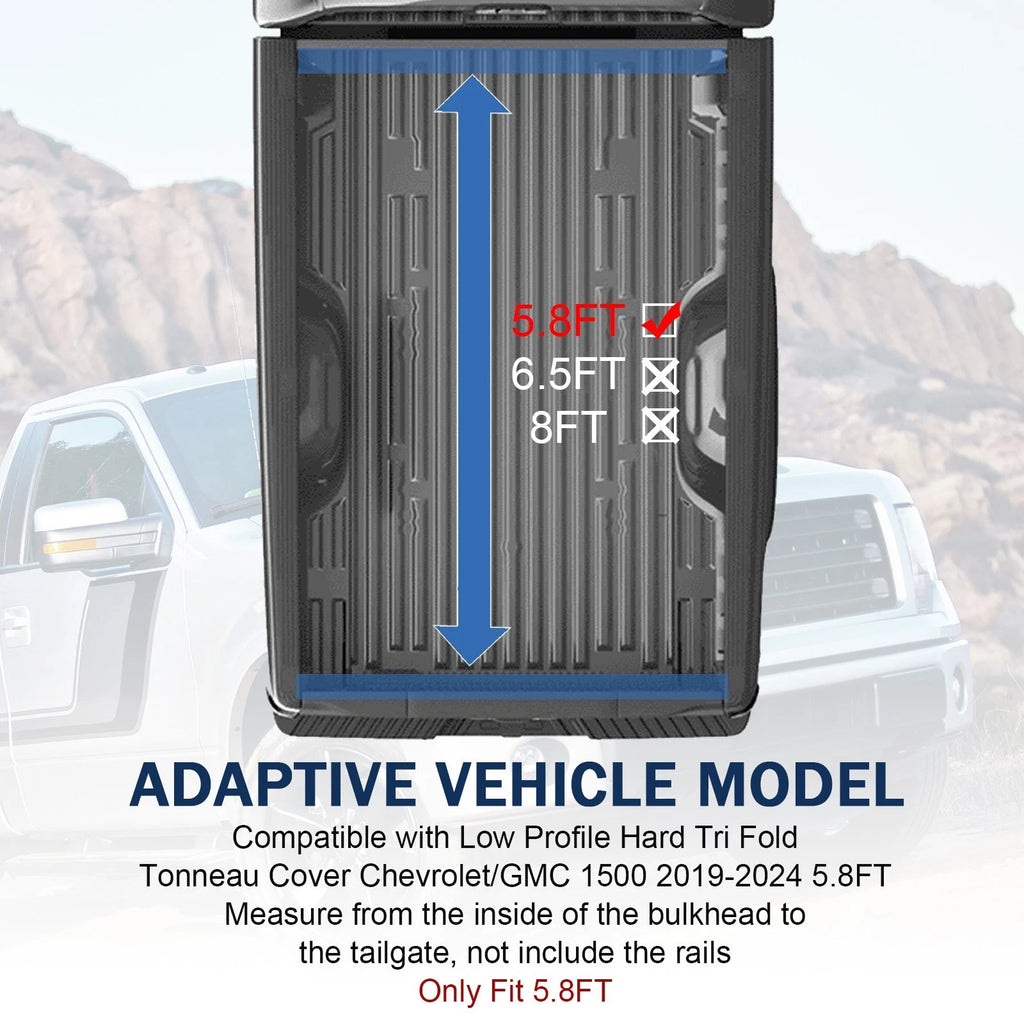 5.8FT Low Profile Hard Tri-Fold Tonneau Cover for Chevrolet GMC 1500 (2019-2024)