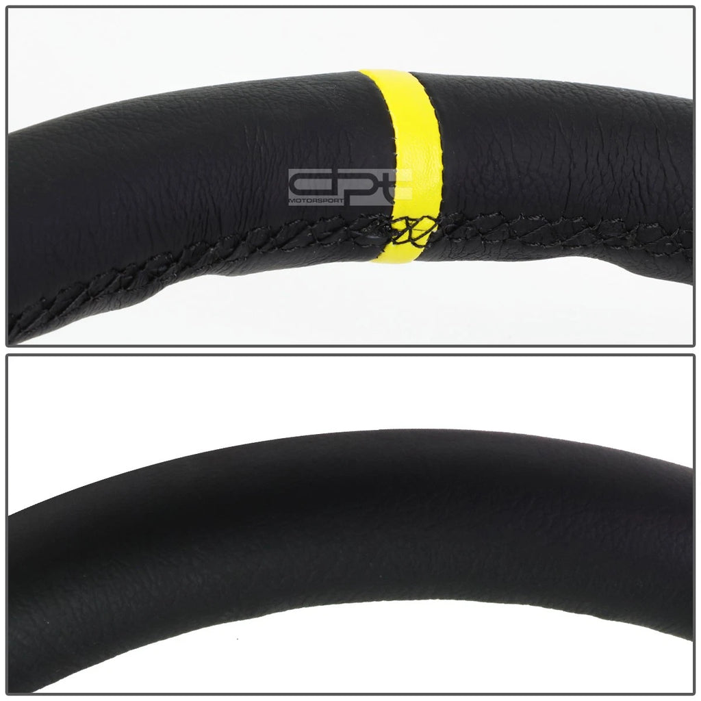 NRG 35cm Deep Dish Leather Steering Wheel with Yellow Stripe for Universal Fit (2010–2023)