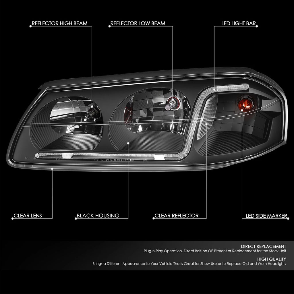 LED DRL Headlight/Lamp for Chevy Impala (2000–2005) Black Housing Clear Corner