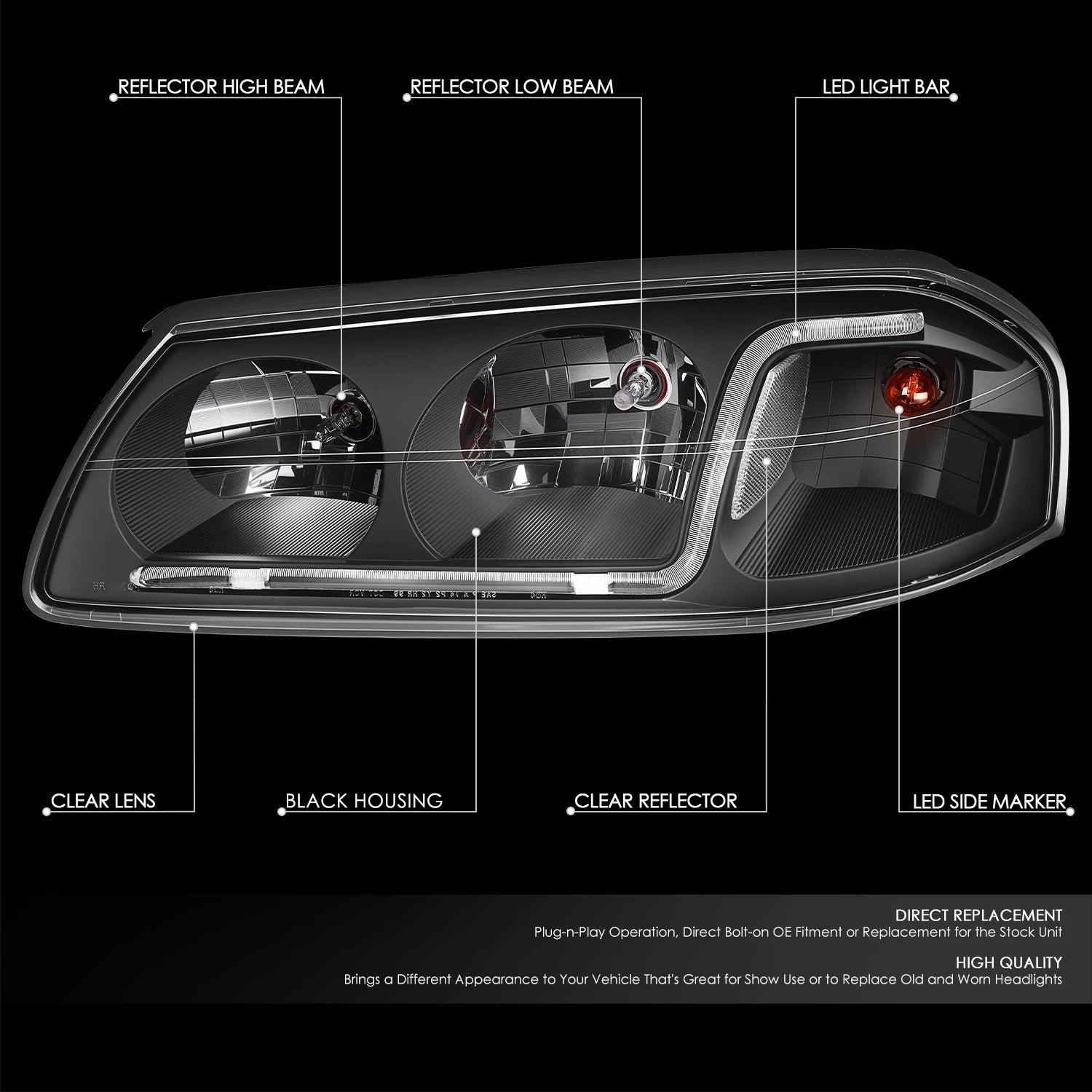 LED DRL Headlight/Lamp for Chevy Impala (2000–2005) Black Housing Clear Corner