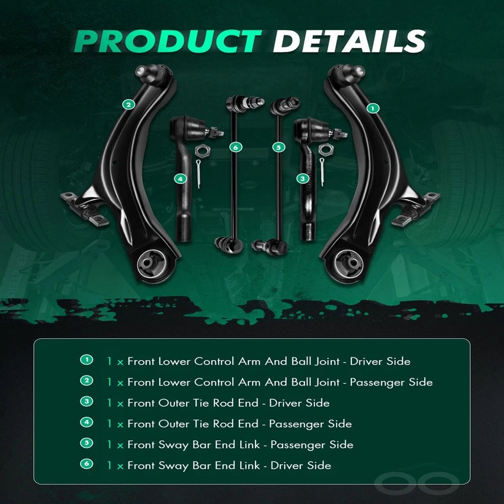 6x Front Control Arm Sway Link Tie Rod End Suspension Kit for Nissan (2008–2013)