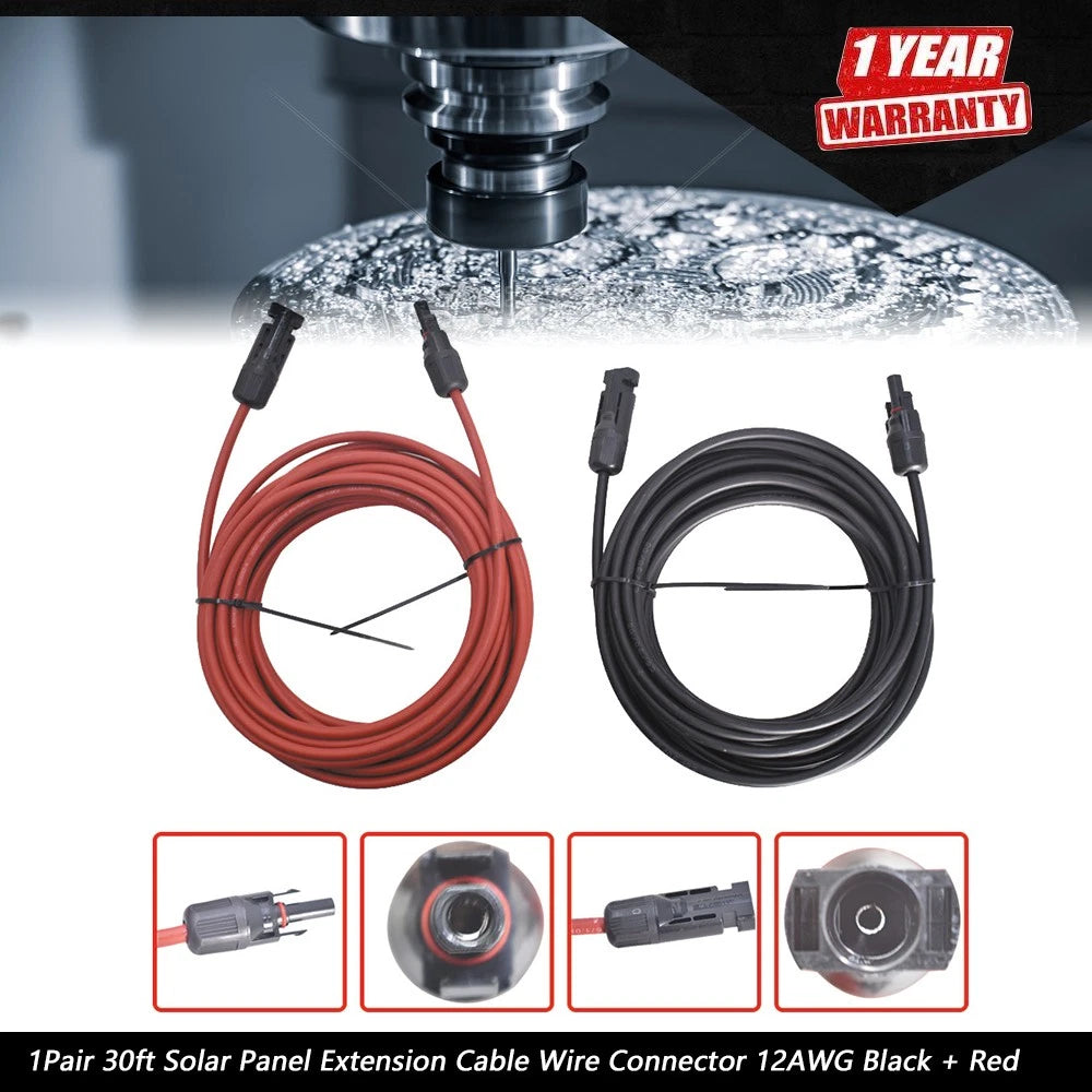 1 Pair 30ft Solar Panel Extension Cable for Universal Use