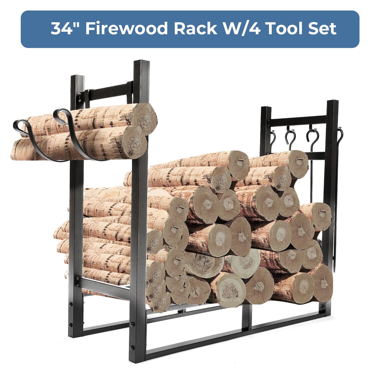 34" Firewood Log Rack for Indoor/Outdoor Storage - Heavy Duty Steel
