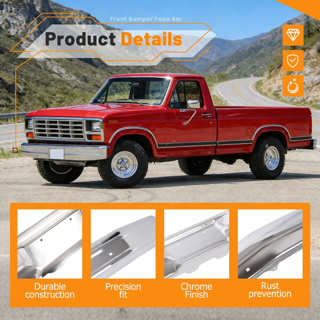 Chrome Front Bumper Face Bar for Ford Bronco F100 F150 F250 F350 (1980–1986)