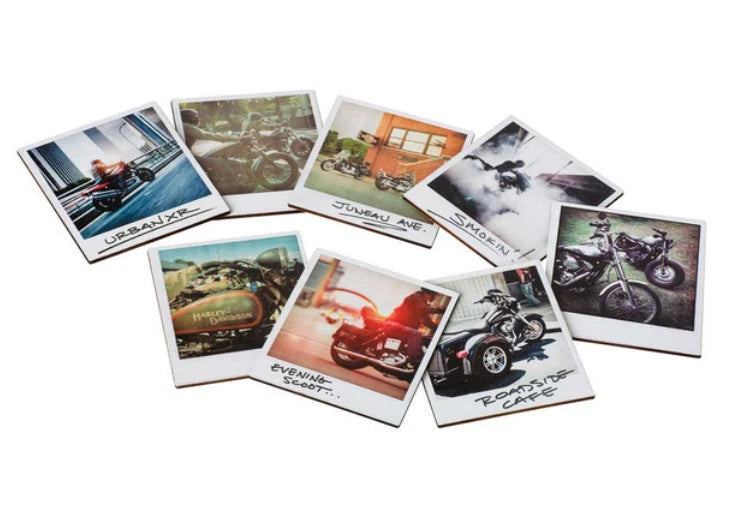 Set of 8 Multi-Color Snapshot Wood Beer Coasters for Harley Davidson