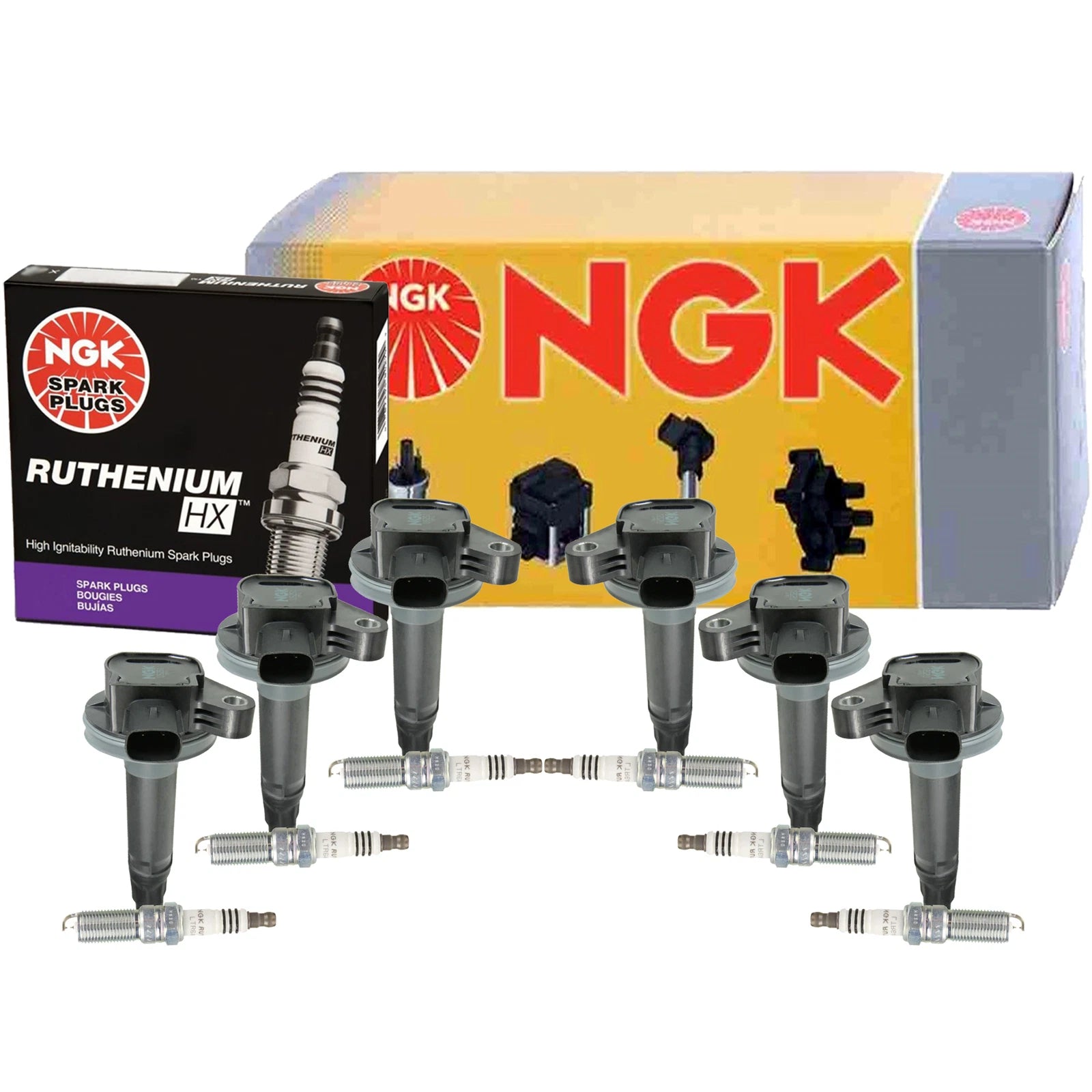 Set of 6 NGK COP Ignition Coils & Ruthenium HX Spark Plugs for Ford Lincoln Mazda