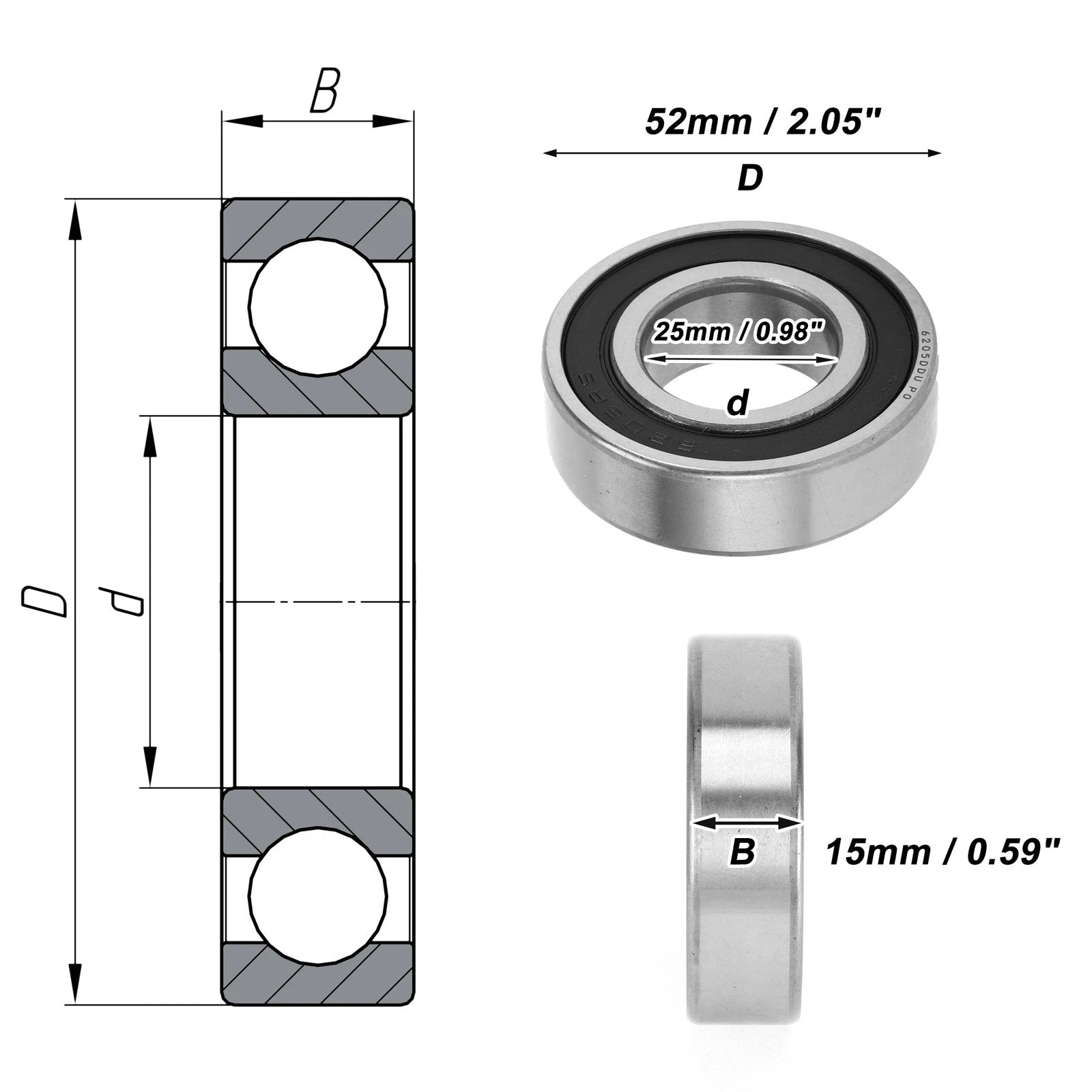1 Pc 6205DDU Deep Groove Ball Bearing for Scooter Skateboard (P0 25x52x15mm)