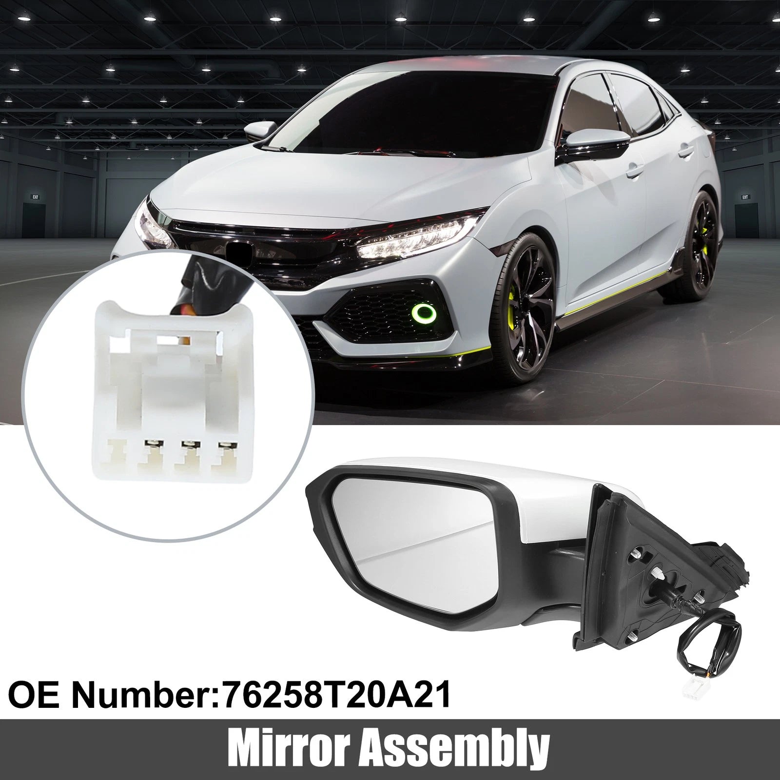 3 Pin Left Side Exterior Door Mirror Assembly White for Honda Civic (2016–2021) 767153118074