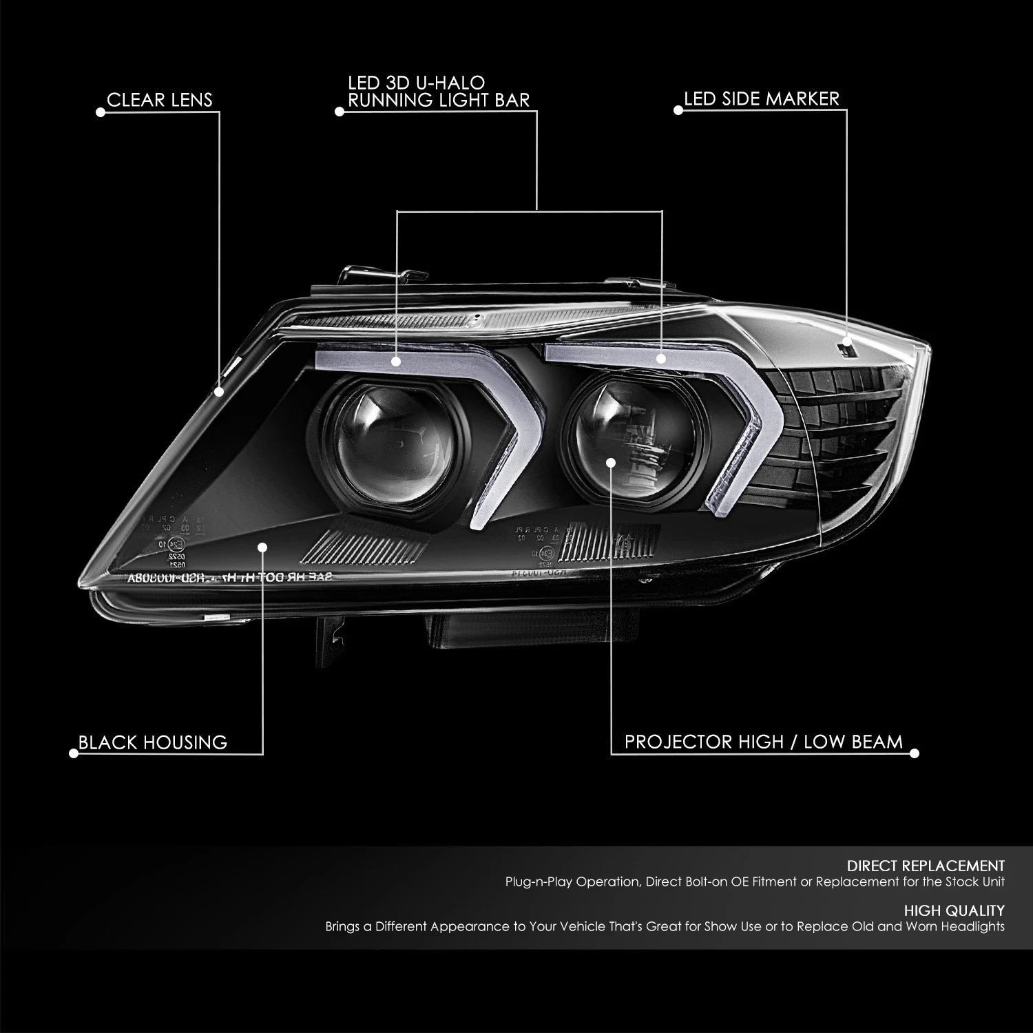 Set of 2 LED Swoosh-Projector Switchback Headlights for BMW 328i 335i (2007–2012)