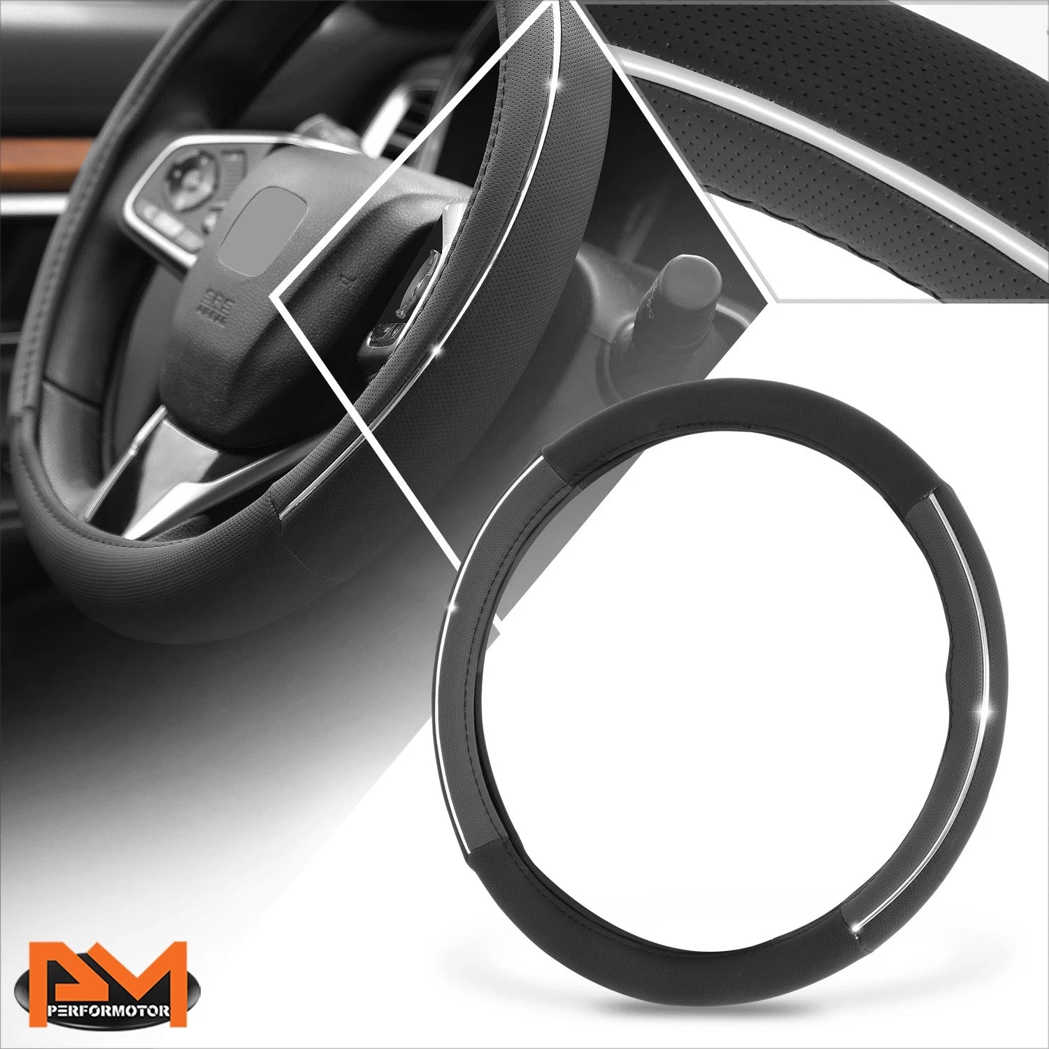 Steering Wheel Cover for Universal Fit (14.5-15" DIA) Perforated Black/Silver