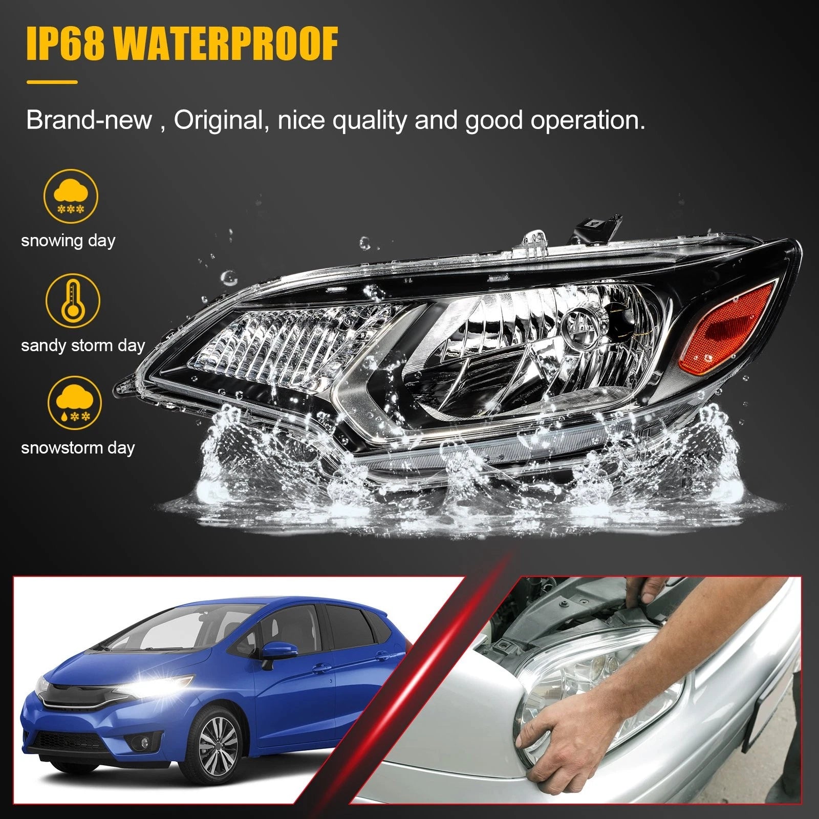 Headlight Assembly for Honda Fit (2015–2017) Black Amber