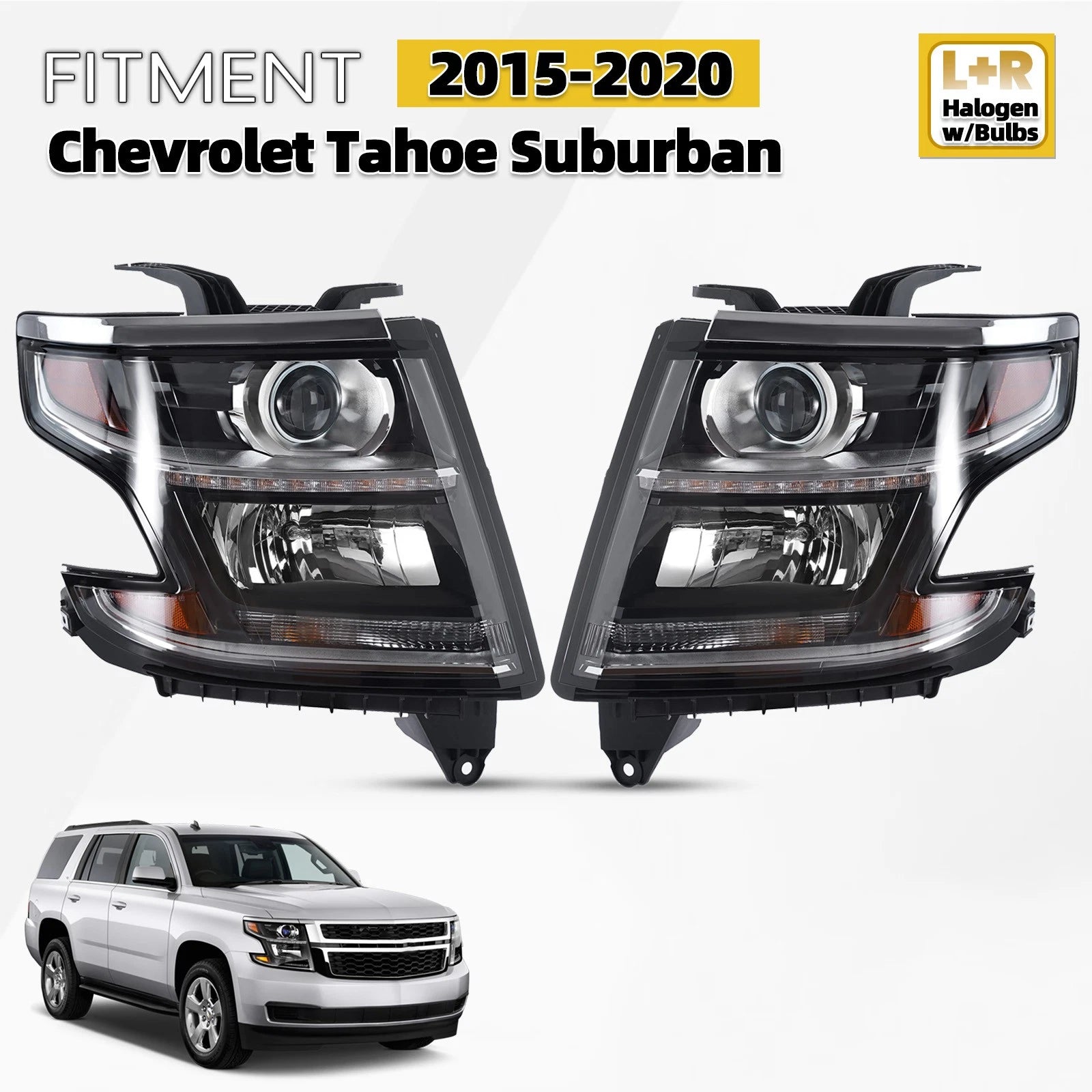 Halogen Headlight Set for Chevy Suburban/Tahoe (2015–2017) Left+Right Pair