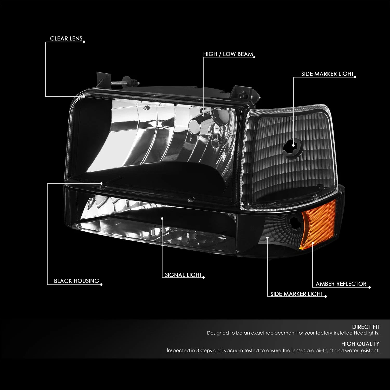 Headlight Bumper Lamps Set for Ford F150/F250/F350 (1992–1996) Black Amber