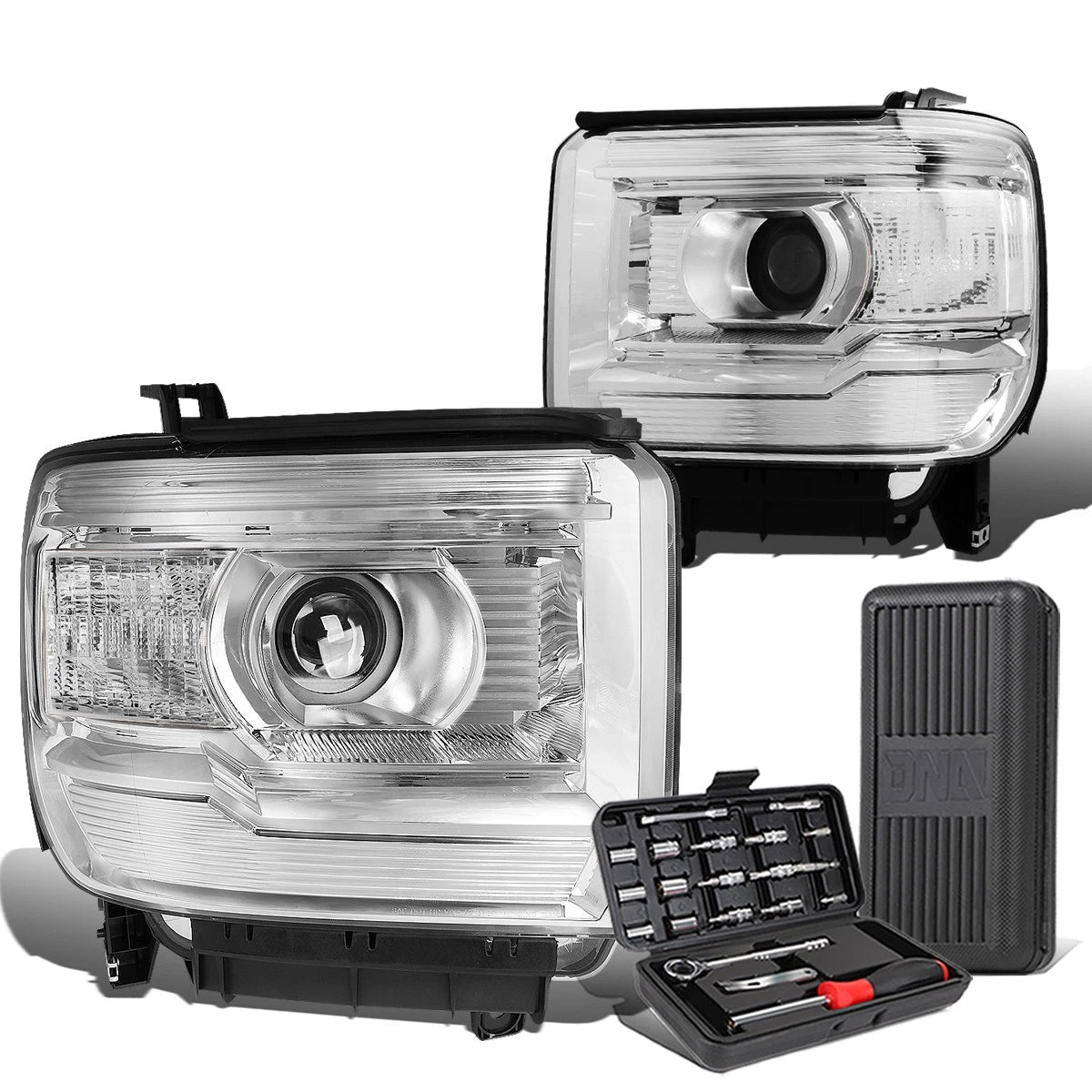Pair of Chrome/Clear Signal Projector Headlights for Sierra 1500 (2014–2018)