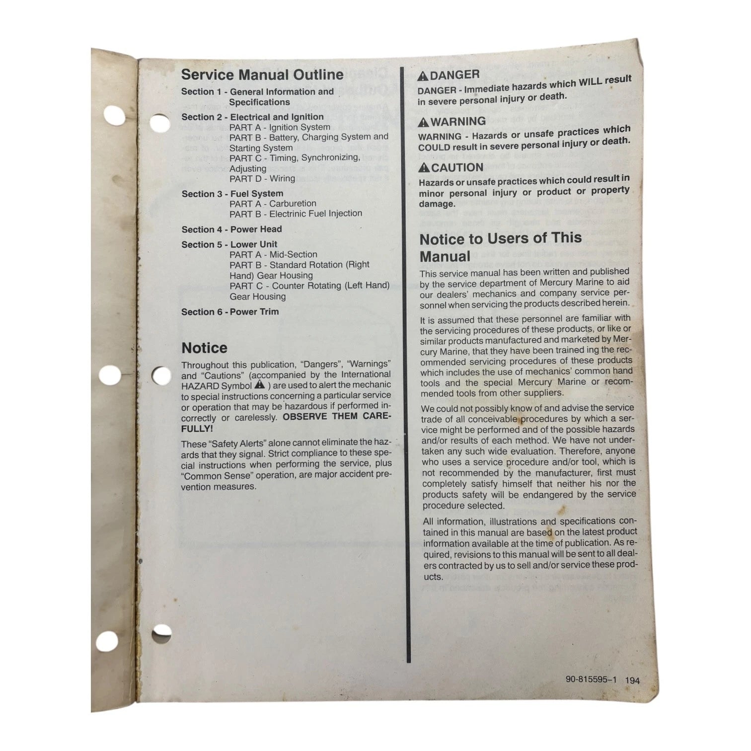 Outboard Service Manual for Mercury/Mariner 2.5 Models (1994) 90-815595--1