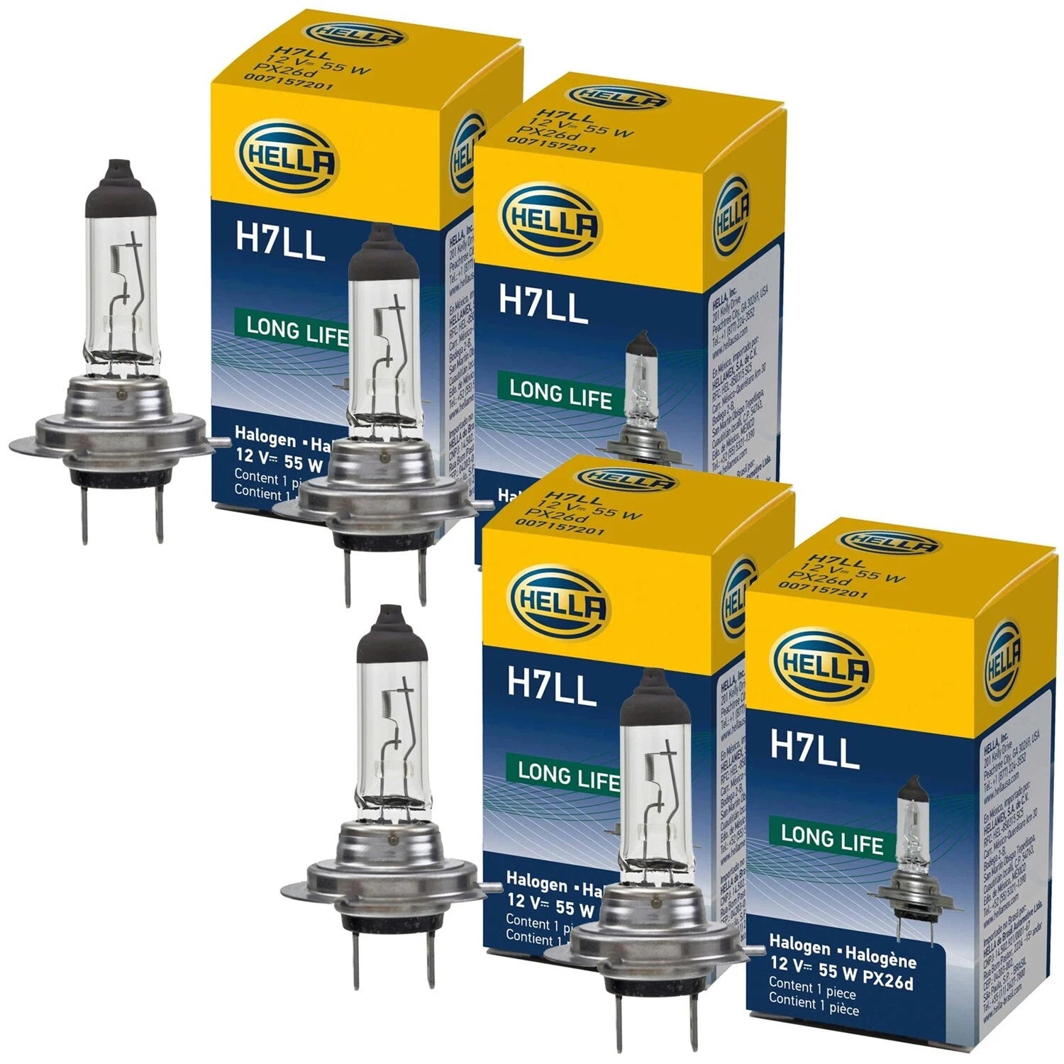 Set of 4 Hella Long Life H7 Halogen Bulbs (PX26d) 12V - 55W for High/Low Beam
