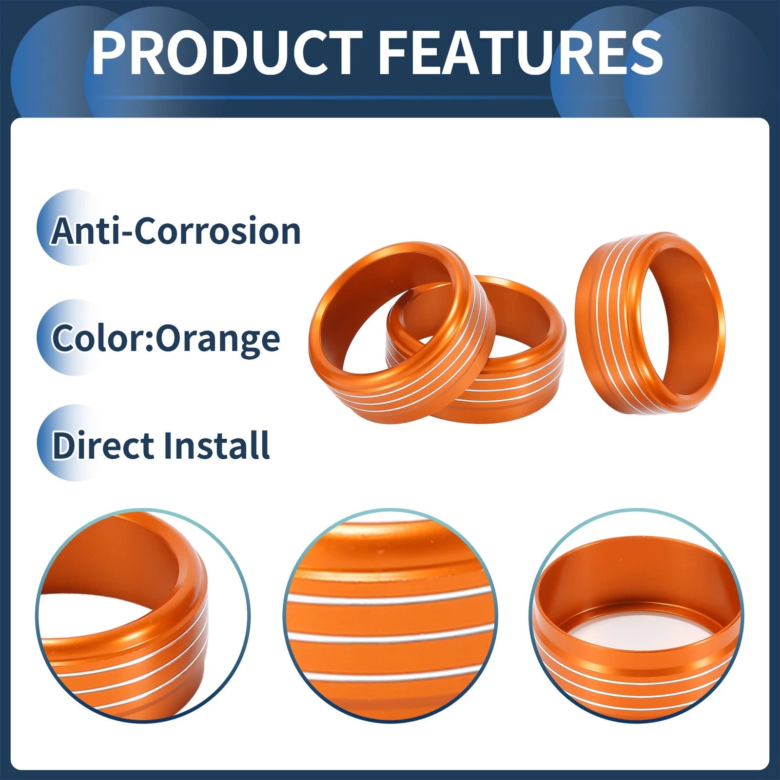 Set of 3 AC Heater Temp Switch Knob Cover Rings for Subaru Forester (2014–2018) Orange