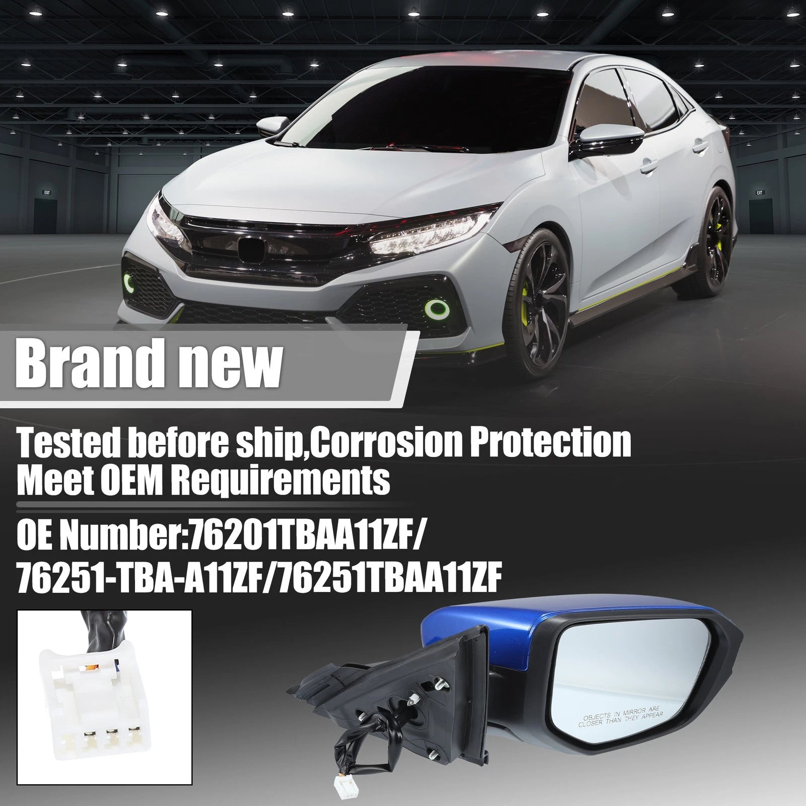 3 Pin Right Side Exterior Door Mirror Assembly for Honda Civic (2016–2021)
