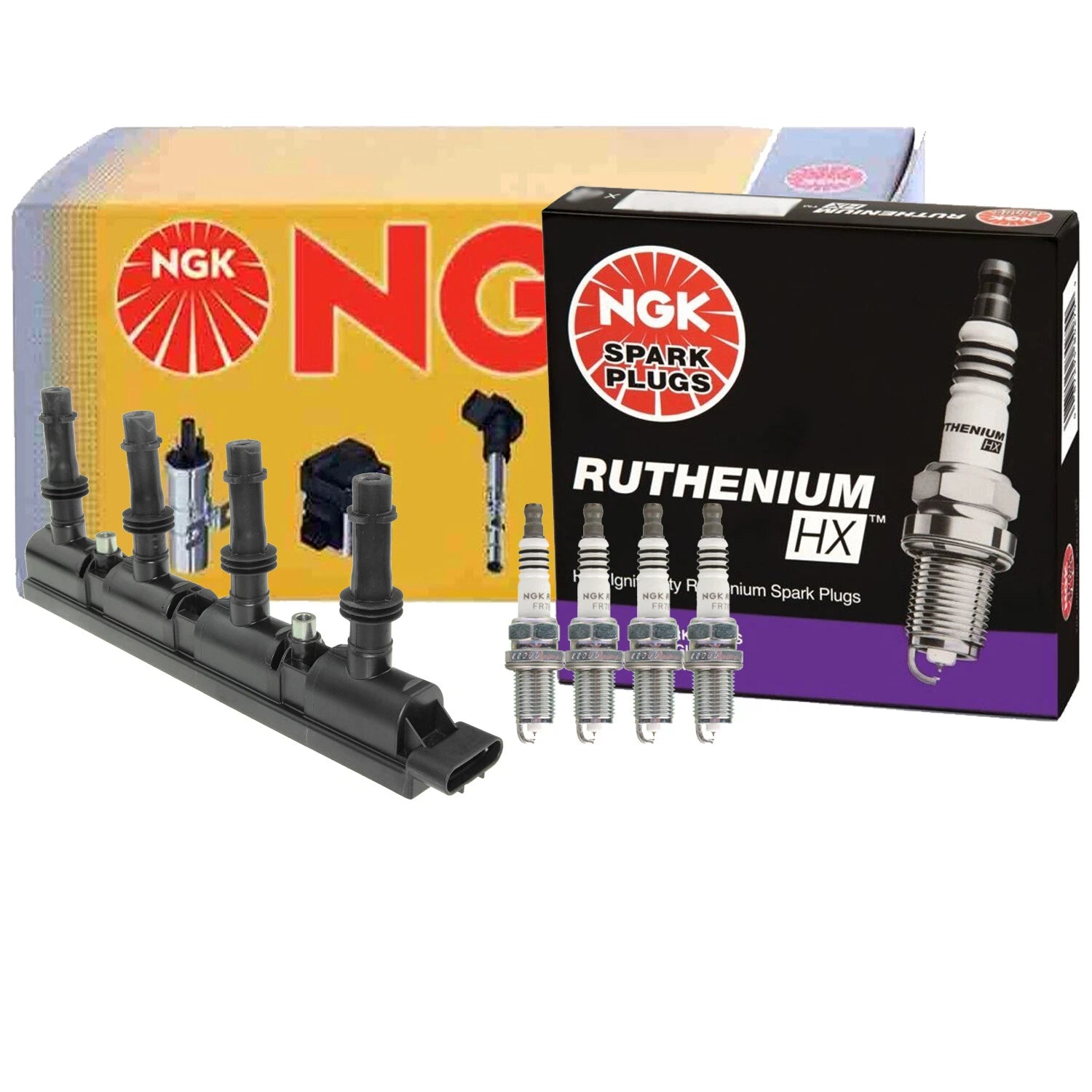 NGK COP Ignition Coil & 4 Ruthenium HX Spark Plugs for Buick Chevy