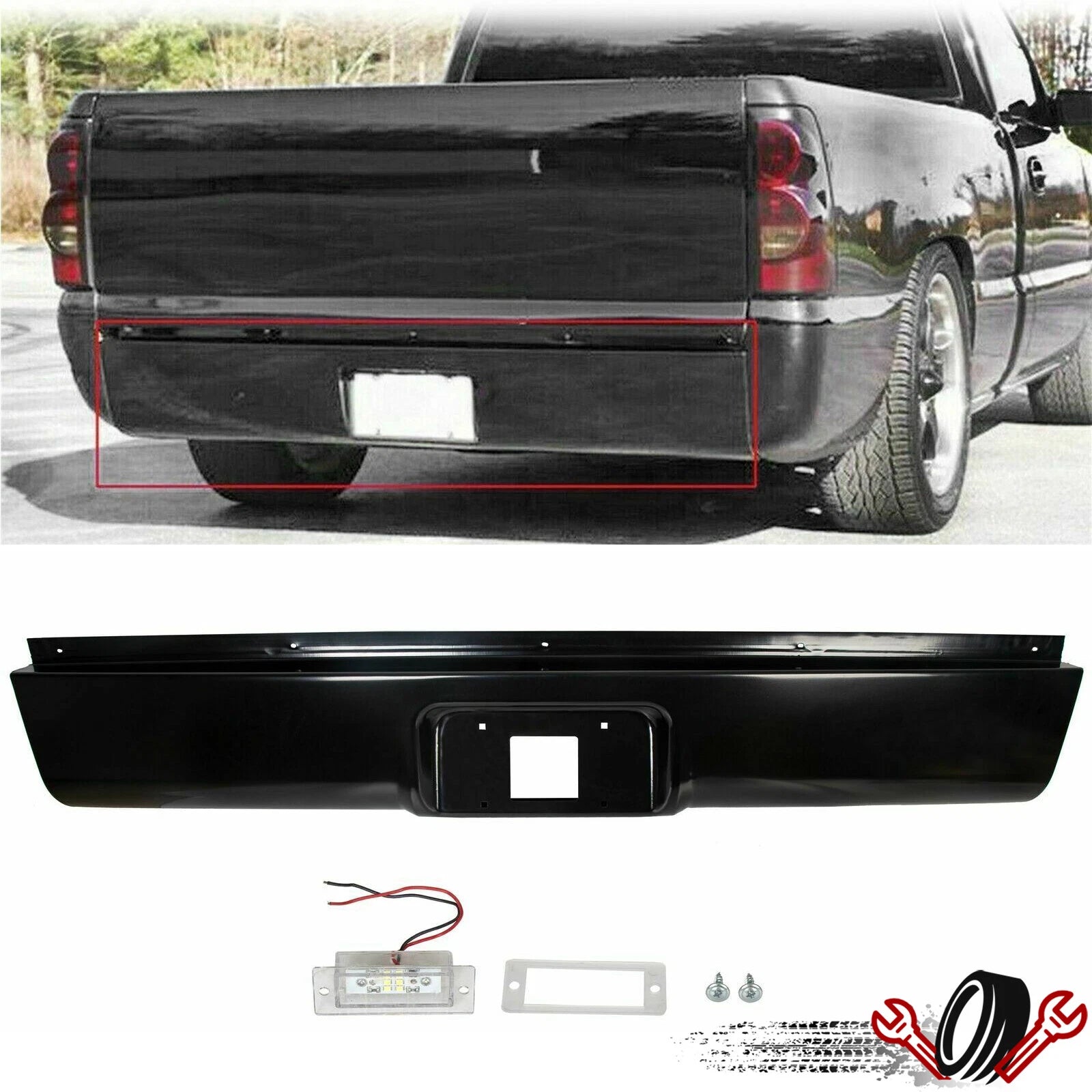Rear Bumper Roll Pan with LED License for Chevy Silverado GMC Sierra (1999–2007)