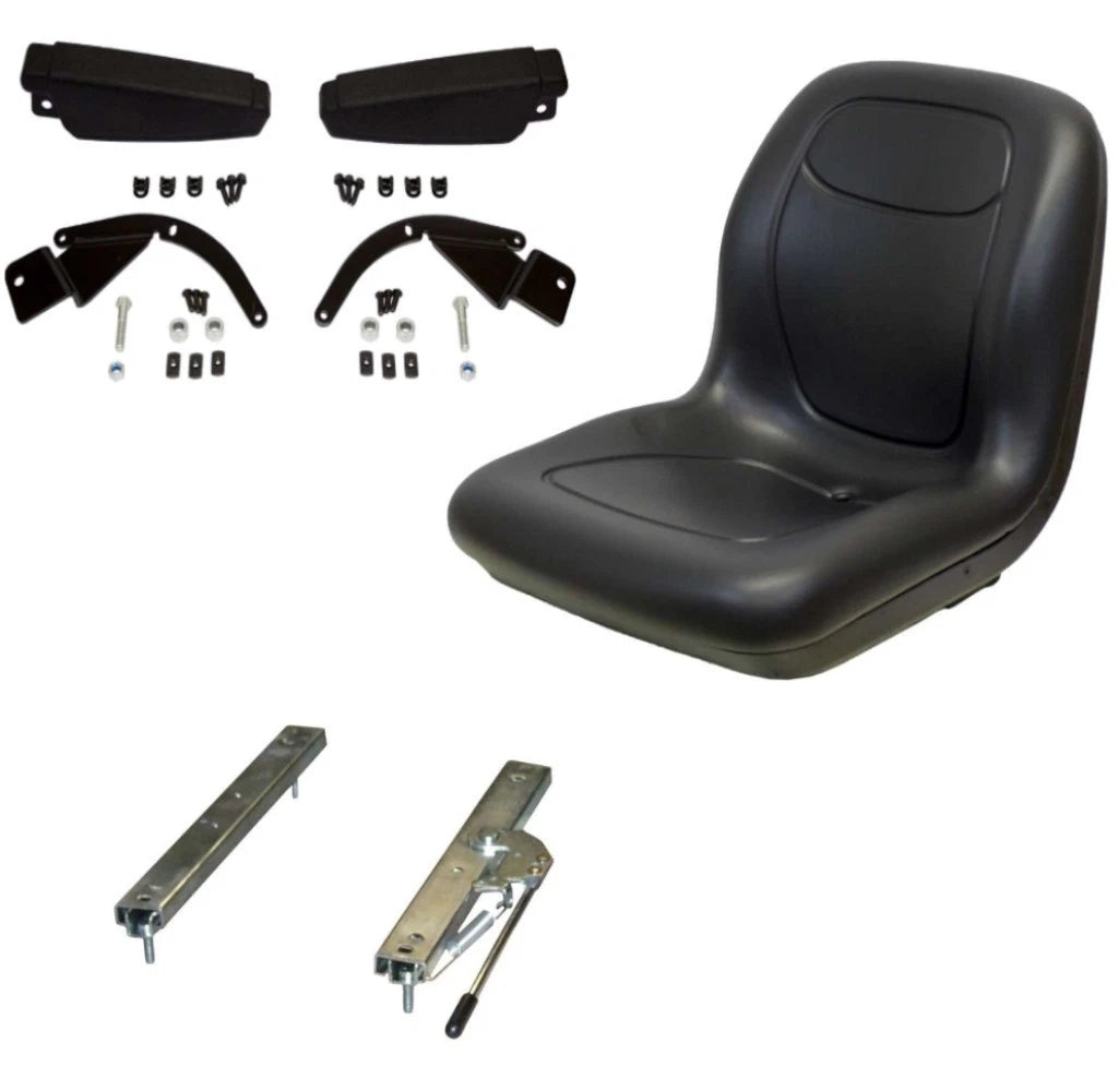 Black Seat with Flip Up Armrests & Seat Rails for John Deere (Replaces AM107759)