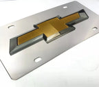 Chrome Chevy Bowtie Emblem License Plate with 3D Gold Gloss Logo for Chevrolet