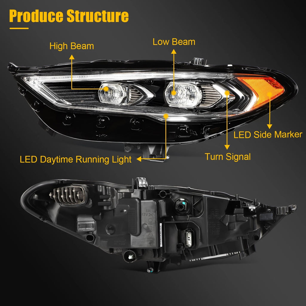 Left Driver Side Full LED Black Amber Headlight for Ford Fusion (2017–2020)