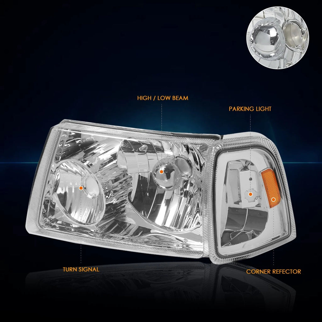Chrome Housing Headlight & Amber Side Corner Lamp Pair for Ford Ranger (2001–2011)