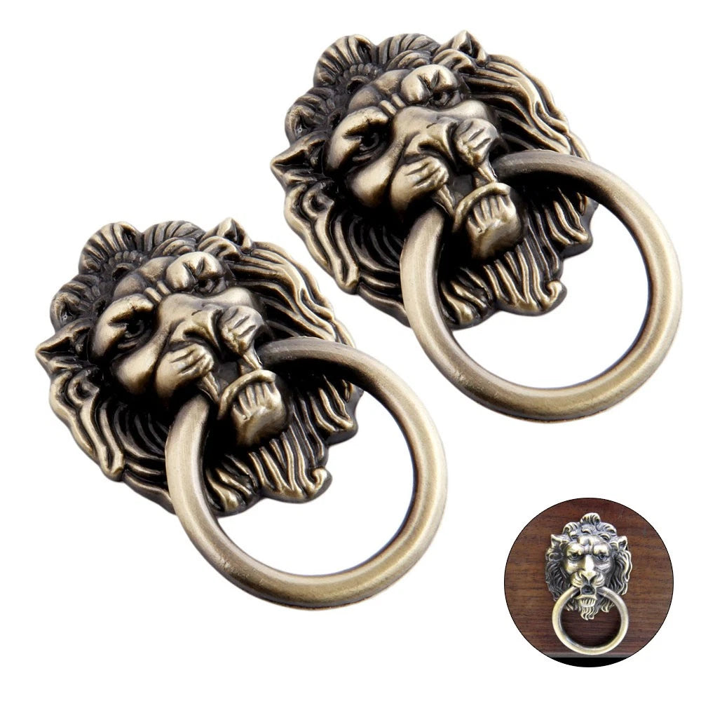 2Pcs Antique Bronze Lion Head Door Pull Knob for Cabinet Drawer Hardware