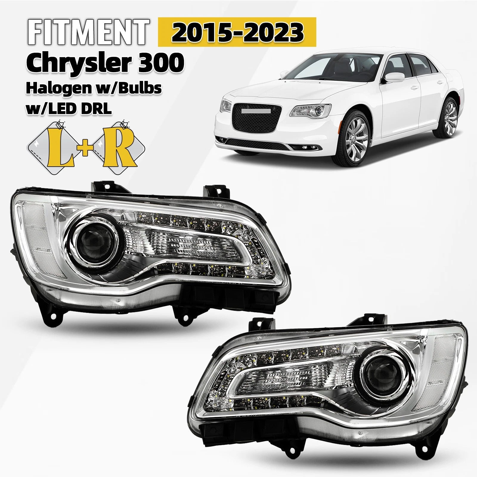 Chrome Halogen Headlight Pair w/ LED DRL for Chrysler 300 (2015–2023)