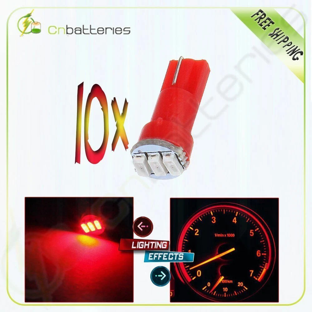 10x T5 Ultra Red LED Wedge Bulb for Dashboard Gauge (58, 70, 73, 74)