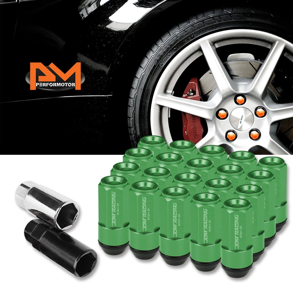 20Pc M12X1.25 Green JDM Cone Seat Hex Wheel Lug Nuts with Cap & Extension