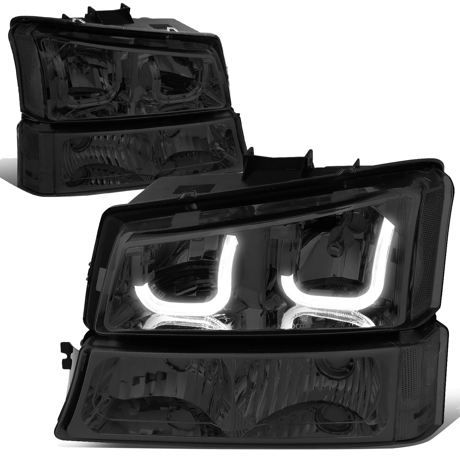 Smoked Clear J-Halo LED DRL Headlights w/ Bumper Lamps for Chevy Silverado (2003–2007)