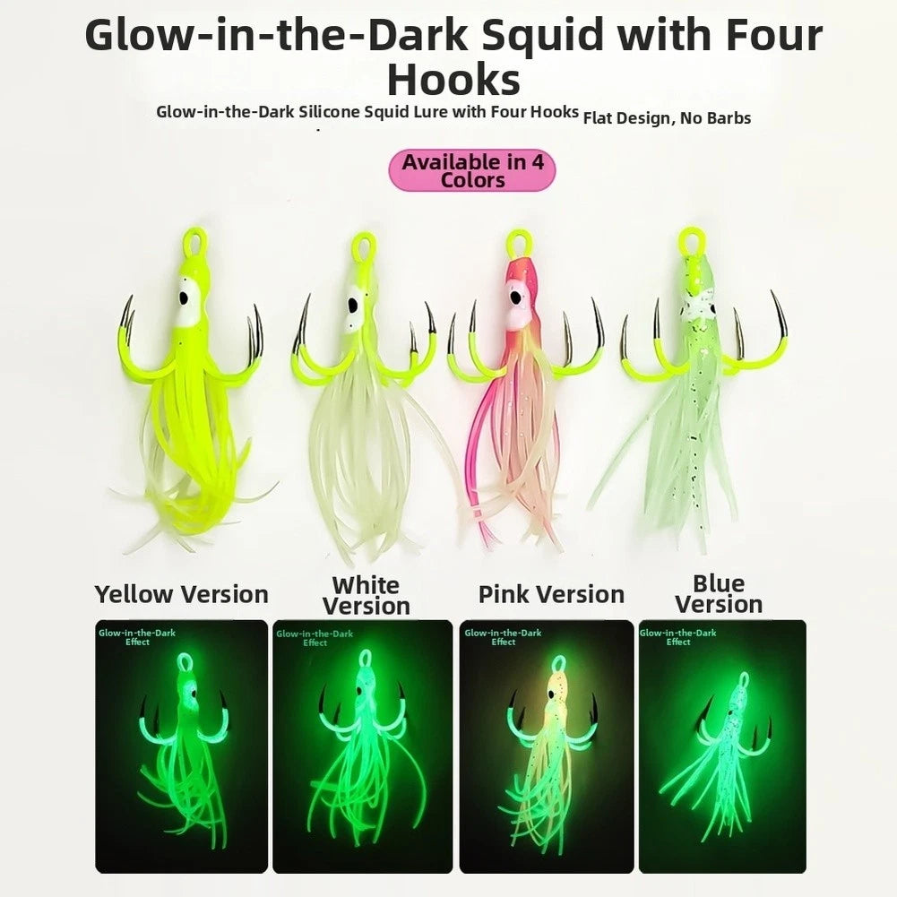 Glow in the Dark Squid Lure Silicone 4 Prong Hook for Offshore Fishing