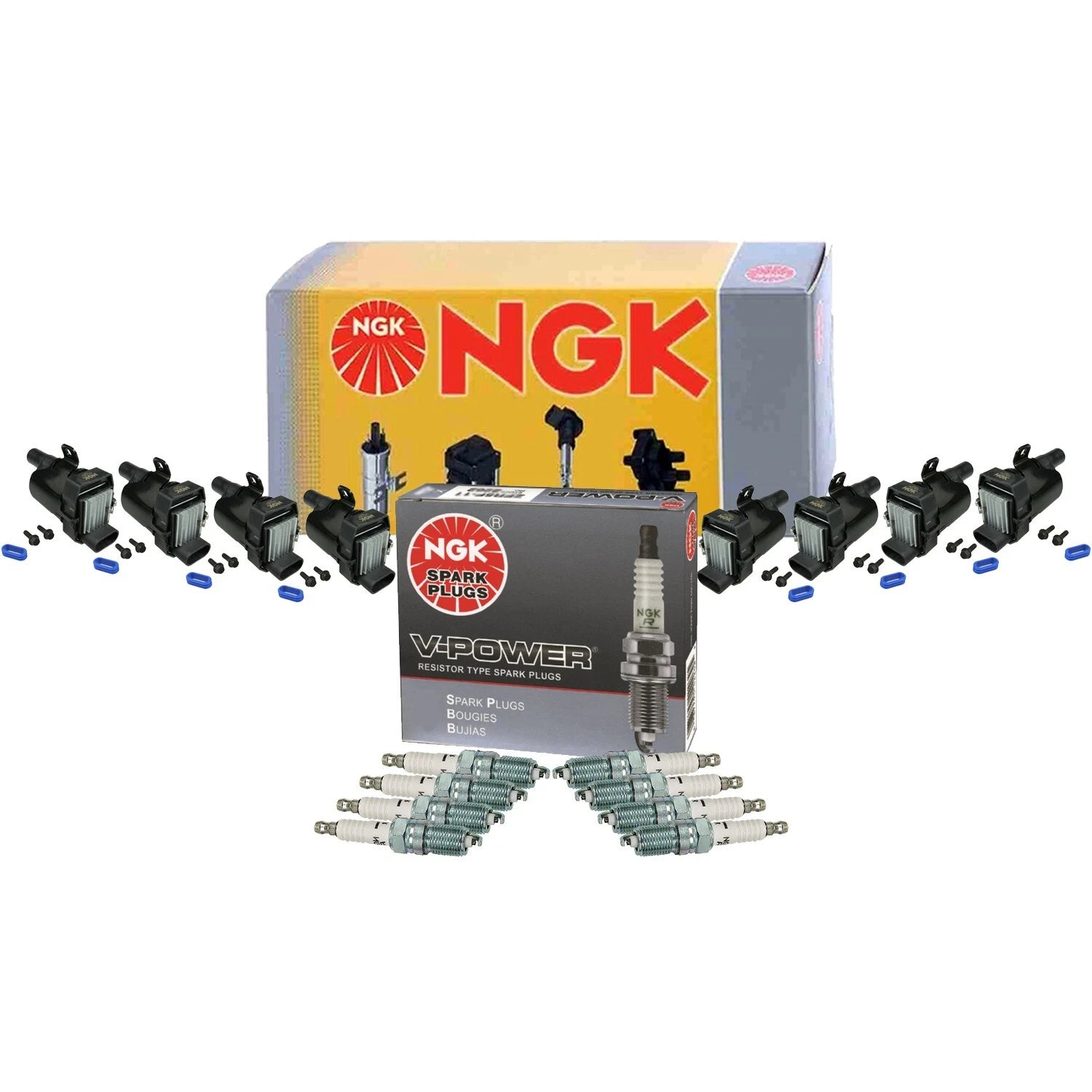 Set of 8 NGK Ignition Coils & V-Power Spark Plugs for Cadillac Chevy GMC V8