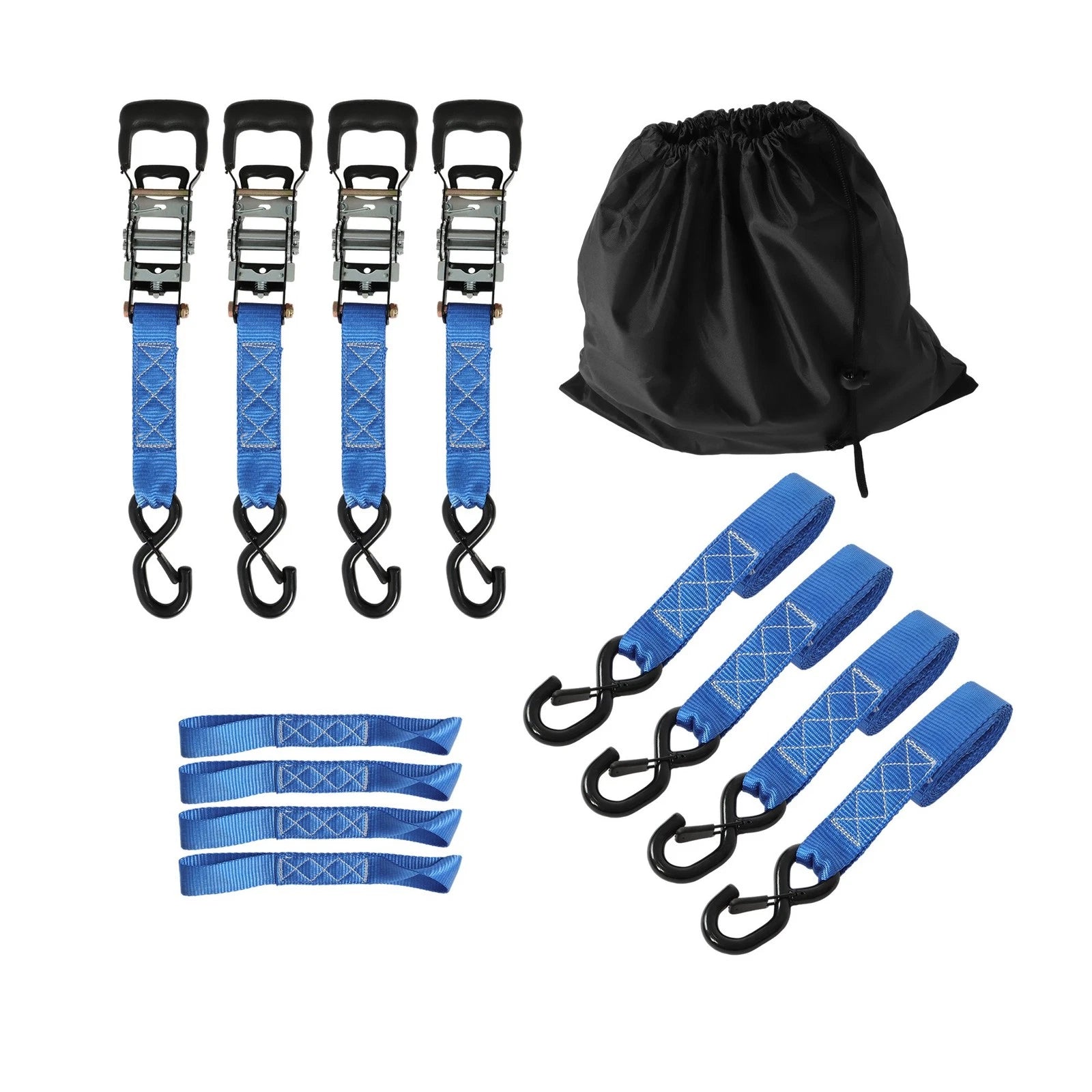 Set of 4 Steel Ratchet Straps with S Hooks (Fracture Strength 5208lbs)